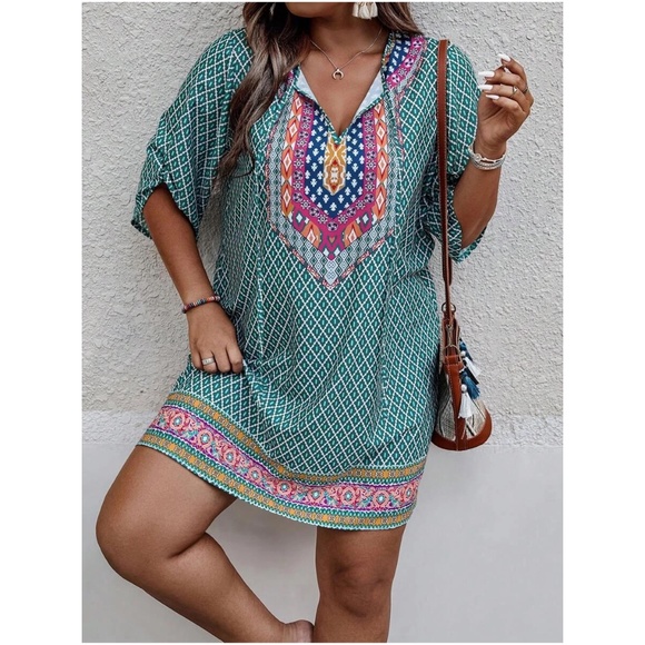 Plus Tribal Print Neck tie Mini Dress - Picture 3 of 9